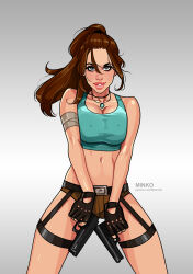 Rule 34 | 1girl, aqua shirt, artist name, belt, black gloves, breasts, brown hair, brown shorts, cleavage, crop top, dual wielding, finger on trigger, fingerless gloves, gloves, gradient background, grey background, grey eyes, gun, handgun, highres, holding, holding gun, holding weapon, jewelry, lara croft, large breasts, long hair, looking at viewer, medium breasts, midriff, navel, necklace, olena minko, patreon username, pistol, shirt, short shorts, shorts, sleeveless, solo, tomb raider, watermark, weapon, weapon request, web address