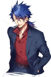 Rule 34 | 1boy, blue hair, cigarette, cu chulainn (fate), cu chulainn (fate/prototype), fate/prototype, fate (series), formal, jewelry, long hair, male focus, nakagawa waka, necklace, one eye closed, ponytail, red eyes, solo, suit