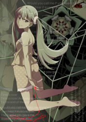 Rule 34 | 1girl, back, bad id, bad pixiv id, bare shoulders, barefoot, brown eyes, camisole, commentary, frills, from behind, full body, gesugesu ahoaho, kneeling, light smile, long hair, looking at viewer, looking back, monogatari (series), oikura sodachi, pajamas, polka dot, red eyes, scrunchie, shorts, silver hair, soles, solo, spaghetti strap, strap slip, string, string of fate, twintails, white scrunchie