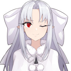 Rule 34 | 1girl, ;), absurdres, apo (apos2721), bow, capelet, fur-trimmed capelet, fur trim, hair bow, hair intakes, highres, long hair, looking at viewer, melty blood, neck ribbon, one eye closed, pointy ears, red eyes, ribbon, silver hair, simple background, slit pupils, smile, solo, tsukihime, upper body, white background, white bow, white capelet, white len (tsukihime), white ribbon