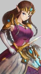 Rule 34 | 1girl, armpit peek, blue eyes, breasts, brown hair, dress, gloves, highres, holding, holding sword, holding weapon, ippers, long pointy ears, looking to the side, nintendo, pointy ears, princess zelda, purple dress, solo, standing, sword, the legend of zelda, the legend of zelda: twilight princess, tiara, twintails, weapon