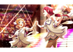 Rule 34 | 2girls, :d, ^ ^, absurdres, back bow, blurry, blurry background, bow, bracelet, brightest melody, clenched hand, closed eyes, detached sleeves, dress, closed eyes, hair bow, holding hands, highres, jewelry, kougi hiroshi, long hair, looking at another, love live!, love live! sunshine!!, love live! sunshine!! the school idol movie over the rainbow, low-tied long hair, multiple girls, open mouth, orange hair, purple bow, red eyes, red hair, sakurauchi riko, screen, short sleeves, smile, sparkle, stage, takami chika, thighhighs, tiara, white bow, white dress