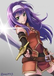 Rule 34 | 1girl, ahoge, ane-suisei, bare shoulders, belt, blue hair, detached sleeves, fingerless gloves, fire emblem, fire emblem: path of radiance, gloves, green eyes, hairband, headband, highres, long hair, looking at viewer, mia (fire emblem), nintendo, purple hair, smile, solo, sword, weapon, white hairband