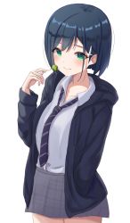 Rule 34 | 1girl, absurdres, black cardigan, blue hair, blush, candy, cardigan, collarbone, collared shirt, cowboy shot, darling in the franxx, food, green eyes, grey skirt, hair ornament, hairclip, highres, holding, hood, hood down, hooded cardigan, ichigo (darling in the franxx), kano (wi3028), lollipop, miniskirt, open cardigan, open clothes, plaid, plaid skirt, school uniform, shirt, short hair, simple background, skirt, smile, solo, standing, white background, white shirt, wing collar