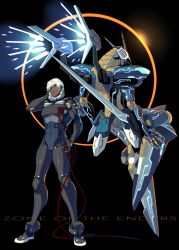 Rule 34 | 1boy, black background, blue eyes, dingo egret, hair over one eye, jehuty, looking at viewer, mecha, pilot suit, robot, signature, simple background, spandex, white hair, zone of the enders, zone of the enders 2