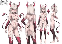 Rule 34 | 1girl, ass, back, bare shoulders, barefoot, blurry, breasts, character name, character sheet, collarbone, commentary, demon girl, demon horns, depth of field, detached sleeves, english commentary, full body, hair between eyes, hand on own hip, highres, horns, jourd4n, looking at viewer, medium hair, multiple views, navel, original, pointy ears, rayzel (jourd4n), red eyes, shoulder blades, simple background, slit pupils, small breasts, smile, stomach, white background, white hair