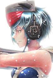 Rule 34 | 10s, 1girl, arms up, backlighting, blue hair, eyelashes, headgear, highres, i-13 (kancolle), kantai collection, millipen (medium), profile, sailor collar, short hair, simple background, smile, solo, swimsuit, tesun (g noh), traditional media, upper body, water drop, watercolor pencil (medium), white background