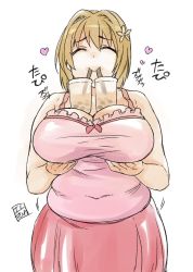 Rule 34 | 1girl, bare shoulders, breast hold, breasts, brown hair, bubble tea, bubble tea challenge, cleavage, drinking, closed eyes, hair ornament, highres, huge breasts, idolmaster, idolmaster cinderella girls, large breasts, mimura kanako, plump, short hair, smile, solo, straw