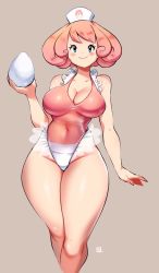 Rule 34 | 1girl, blissey, blue eyes, blush, breasts, brown background, cleavage, covered navel, creatures (company), curvy, egg, feet out of frame, food, frills, game freak, gen 2 pokemon, highleg, highleg leotard, holding, holding egg, holding food, kenron toqueen, large breasts, leotard, medium hair, nintendo, personification, pink hair, pink leotard, pokemon, simple background, sleeveless, smile, solo, thick thighs, thighs