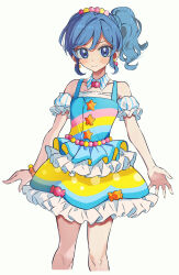 Rule 34 | 1girl, aikatsu!, aikatsu! (series), blue eyes, blue hair, blush, bracelet, candy, detached collar, dress, earrings, food, frilled dress, frills, hair ornament, highres, jewelry, kiriya aoi, long hair, looking at viewer, multicolored clothes, multicolored dress, side ponytail, simple background, sleeve cuffs, sleeveless, sleeveless dress, smile, solo, star (symbol), white background, yamamura saki