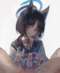Rule 34 | 1boy, 1girl, absurdres, animal ears, betabeet, black eyes, black hair, black nails, black sailor collar, blue archive, blue halo, blue neckerchief, cat&#039;s cradle, cat ears, censored, cum, cum on clothes, facial, fingernails, halo, highres, kikyou (blue archive), long sleeves, looking at viewer, mosaic censoring, nail polish, neckerchief, penis, pov, pov crotch, sailor collar, short hair, simple background, smile, upper body, white background
