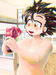 Rule 34 | 1girl, amoretta (yukiman), black hair, blush, breasts, brown eyes, chromatic aberration, commentary request, completely nude, drying, drying hair, hair dryer, highres, holding, indoors, medium breasts, multicolored hair, nude, open mouth, original, red hair, short hair, solo, streaked hair, two-tone hair, upper body, virtual youtuber, yukiman