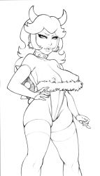 Rule 34 | 1girl, bowser, bowser (cosplay), breastless clothes, breasts, bridal gauntlets, collar, cosplay, earrings, eyelashes, greyscale, hand on own hip, highres, horns, jewelry, large breasts, leotard, lineart, lips, lm (legoman), long hair, mario (series), monochrome, nintendo, nipples, pinky out, princess peach, shell, solo, spiked collar, spikes, thighhighs, thighs, thong leotard, wide hips