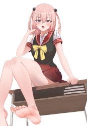 Rule 34 | 1girl, absurdres, barefoot, blush, desk, feet, foot focus, highres, inui sajuna, long hair, looking at viewer, open mouth, pink eyes, pink hair, sitting, soles, sono bisque doll wa koi wo suru, toes, twintails