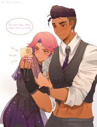 Rule 34 | 1boy, 1girl, absurdres, artist name, blush, bow (she-ra), brown eyes, closed mouth, dark-skinned male, dark skin, dress, earrings, glimmer (she-ra), highres, holding, holding phone, jewelry, midriff, miza feliz, necktie, phone, pink eyes, pink hair, she-ra and the princesses of power, taking picture