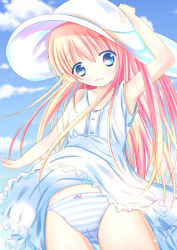 Rule 34 | 1girl, arm up, bare arms, blonde hair, blue eyes, blue sky, blush, bow, bow panties, cameltoe, clothes lift, cloud, collarbone, commentary request, cowboy shot, day, dress, dress lift, frilled dress, frills, hair between eyes, hand on headwear, long hair, looking at viewer, original, outdoors, panties, panties day, parted lips, shihou haru, sky, sleeveless, sleeveless dress, solo, striped clothes, striped panties, underwear, very long hair, white dress, wind, wind lift