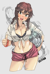 Rule 34 | 1girl, abyssal ship, artist logo, artist name, blush, braid, breasts, brown hair, cleavage, collarbone, collared shirt, cowboy shot, cropped legs, enemy naval mine (kancolle), ergot, green eyes, grey background, hair between eyes, highres, kantai collection, long hair, motion lines, navel, noshiro (kancolle), open mouth, orange scrunchie, red shorts, scrunchie, shirt, short sleeves, shorts, simple background, smile, solo, teeth, tentacles, thumbs up, twin braids, upper teeth only, white shirt, wrist scrunchie
