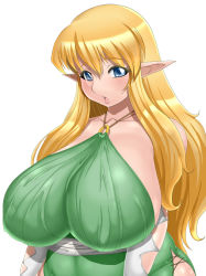Rule 34 | 1girl, astraea13, bare shoulders, blonde hair, blue eyes, breasts, elf, gigantic breasts, lips, long hair, looking at viewer, parted lips, plump, pointy ears, simple background, solo, tiffania westwood, very long hair, white background, zero no tsukaima