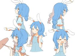 Rule 34 | 1girl, animal ears, bad id, bad twitter id, blue dress, blue hair, braid, rabbit ears, character sheet, dress, drill hair, earclip, closed eyes, female focus, kine, long hair, low twintails, mallet, misha (hoongju), multi-tied hair, multicolored hair, multiple views, open mouth, profile, red eyes, seiran (touhou), short sleeves, short twintails, simple background, smile, tears, touhou, twin braids, twintails, white background