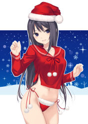 1girl black_hair blue_background blue_eyes coffee-kizoku cowboy_shot fur-trimmed_headwear fur-trimmed_panties fur_trim hat highres long_hair long_sleeves looking_at_viewer navel original panties red_hat red_panties red_sailor_collar red_shirt sailor_collar sailor_shirt shiramine_rika shirt side-tie_panties snowflakes solo underwear w_arms