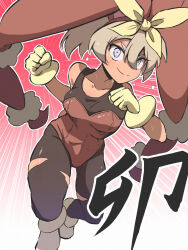 Rule 34 | 1girl, alternate costume, animal ears, bare shoulders, bea (pokemon), blue eyes, blush, bodystocking, breasts, brown hair, brown hairband, brown leotard, clenched teeth, closed mouth, collarbone, cosplay, creatures (company), fake animal ears, female focus, full body, game freak, gen 4 pokemon, gloves, gradient background, hair between eyes, hairband, hands up, happy, highres, japanese text, kurachi mizuki, leotard, light blush, looking at viewer, lopunny, lopunny (cosplay), medium breasts, mega lopunny, mega lopunny (cosplay), mega pokemon, nintendo, outline, playboy bunny, pokemon, pokemon swsh, rabbit ears, red background, running towards viewer, shoes, short hair, sidelocks, smile, solo, split mouth, standing, strapless, strapless leotard, sweat, teeth, torn bodystocking, torn clothes, translation request, v-shaped eyebrows, white outline, yellow footwear, yellow gloves