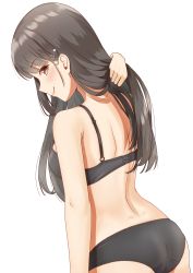 Rule 34 | 1girl, back, black bra, black hair, black panties, bra, breasts, brown eyes, closed mouth, from behind, hair lift, hair ornament, hairclip, hayashio (kancolle), highres, kantai collection, long hair, looking at viewer, looking back, medium breasts, panties, sideboob, smile, solo, underwear, underwear only, white background, zuki