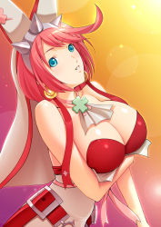 Rule 34 | 1girl, blue eyes, breasts, cleavage, clover, dragon@harry, elphelt valentine, four-leaf clover, guilty gear, guilty gear xrd, highres, large breasts, parted lips, pink hair, short hair, solo, standing, upper body
