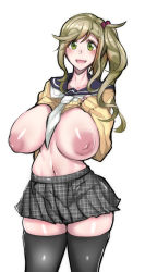 Rule 34 | 1girl, absurdres, arm behind back, black outline, black thighhighs, blonde hair, blue sailor collar, blush, breasts, cardigan, clothes lift, cowboy shot, fang, female focus, gggg, green eyes, grey skirt, hand on own chest, highres, huge breasts, inuyama aoi, inverted nipples, long hair, looking at viewer, miniskirt, navel, open mouth, outline, sailor collar, school uniform, serafuku, side ponytail, sidelocks, simple background, skirt, smile, solo focus, thick eyebrows, thick outlines, thick thighs, thighhighs, thighs, wavy hair, yellow cardigan, yurucamp, zettai ryouiki