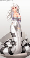 Rule 34 | 1girl, adapted costume, breasts, cleavage, covered navel, dongtan dress, dress, full body, highres, jewelry, lamia, large breasts, long hair, long sleeves, looking at viewer, meme attire, midnight (banyex), monster girl, original, pencil dress, red eyes, simple background, smile, solo, taut clothes, taut dress, tight clothes, tight dress, white dress, white hair