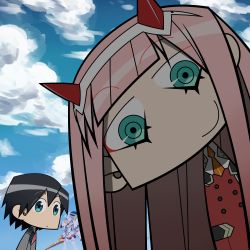 Rule 34 | 10s, 1boy, 1girl, absurdres, backlighting, black hair, blue eyes, blue sky, bob (bobnakaoda), cloud, cloudy sky, commentary request, couple, darling in the franxx, day, green eyes, hair ornament, hairband, hetero, highres, hiro (darling in the franxx), horns, long hair, long sleeves, looking at viewer, mecha, military, military uniform, necktie, oni horns, orange neckwear, pink hair, red horns, red neckwear, robot, short hair, sky, strelizia, uniform, white hairband, zero two (darling in the franxx)