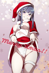 Rule 34 | 1girl, between breasts, breasts, capelet, christmas, clothes lift, commentary request, cowboy shot, english text, fur-trimmed capelet, fur-trimmed skirt, fur trim, grey hair, grin, groin, hat, head tilt, highleg, highleg leotard, highres, large breasts, leotard, leotard under clothes, lifted by self, long hair, looking at viewer, medium breasts, merry christmas, miniskirt, nipples, original, pale skin, partial commentary, puffy nipples, purple eyes, red capelet, red hat, red skirt, santa hat, single thighhigh, skirt, skirt lift, smile, solo, standing, star (symbol), starry background, tarakan, thighhighs, white leotard, white thighhighs