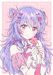 Rule 34 | 1girl, blush, border, braid, buttons, candy, collar, criss-cross halter, detached collar, double bun, food, food-themed hair ornament, frilled cuffs, hair bun, hair ornament, hair ribbon, hair scrunchie, halterneck, hands up, happy birthday, highres, holding, holding candy, holding food, holding lollipop, hoshikuzu telepath, konohoshi umika, lollipop, long hair, looking at viewer, off-shoulder shirt, off shoulder, ookuma rasuko, parted lips, pink background, pink eyes, pink ribbon, pink scrunchie, pink shirt, polka dot, polka dot background, purple hair, ribbon, scrunchie, shirt, short sleeves, side braid, sidelocks, sketch, smile, solo, star-shaped food, star (symbol), strawberry hair ornament, upper body, white border, white collar, wrist cuffs, x hair ornament