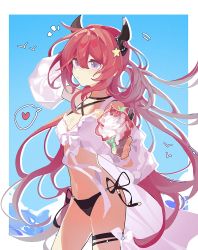 Rule 34 | 1girl, absurdres, arknights, bikini, black choker, breasts, choker, cleavage, closed mouth, cowboy shot, detached sleeves, food, haobuguniao, highres, holding, holding food, horns, ice cream, ice cream cone, long hair, navel, official alternate costume, purple eyes, red hair, side-tie bikini bottom, solo, surtr (arknights), surtr (colorful wonderland) (arknights), swimsuit, thigh strap