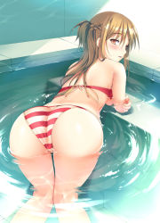 Rule 34 | 10s, 1girl, alternate costume, ass, ass focus, asuna (sao), bent over, bikini, blush, braid, breast rest, breasts, brown eyes, brown hair, crossed arms, folded ponytail, hair up, half updo, long hair, looking at viewer, looking back, open mouth, parted lips, partially submerged, red bikini, solo, sousouman, striped bikini, striped clothes, swimsuit, sword art online, thighs, water