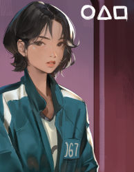 Rule 34 | 1girl, absurdres, brown eyes, brown hair, commentary, freckles, green jacket, highres, jacket, jung wonjo, kang sae-byeok, looking at viewer, multicolored clothes, multicolored jacket, numbered, open clothes, open jacket, parted bangs, parted lips, shirt, short hair, solo, squid game, teeth, two-tone jacket, upper body, white jacket, white shirt