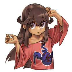 Rule 34 | 1girl, arms up, brown eyes, brown hair, closed mouth, collarbone, curly hair, dark-skinned female, dark skin, higatas, long hair, looking at viewer, lowres, off-shoulder shirt, off shoulder, print shirt, sera (yu-gi-oh!), shirt, simple background, solo, white background, wide sleeves, yu-gi-oh!, yu-gi-oh! the dark side of dimensions