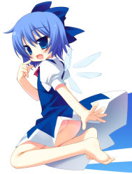 Rule 34 | 1girl, ass, barefoot, blue eyes, blue hair, blush, cirno, dress, fang, feet, female focus, full body, hair ribbon, matching hair/eyes, meito (maze), no panties, open mouth, ribbon, short hair, solo, embodiment of scarlet devil, touhou, white background, wings