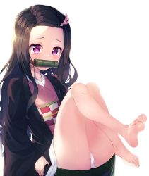 Rule 34 | 1girl, 2drr, ass, bamboo, bare legs, barefoot, bit gag, black hair, blush, checkered sash, commentary request, forehead, gag, gagged, gagged willingly, hair ribbon, highres, japanese clothes, kamado nezuko, kimetsu no yaiba, kimono, knees up, long hair, long sleeves, looking at viewer, mouth hold, obi, open clothes, panties, pantyshot, parted bangs, pink kimono, pink ribbon, purple eyes, ribbon, sash, simple background, sitting, sleeves past wrists, soles, solo, tears, underwear, variant set, very long hair, white background, white panties