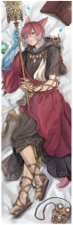 Rule 34 | 1boy, animal ears, babape, bad id, bad pixiv id, book, border, cat ears, closed mouth, crystal, crystal exarch, dakimakura (medium), final fantasy, final fantasy xiv, fingernails, full body, g&#039;raha tia, grey hair, highres, holding, holding staff, hood, hood down, looking at viewer, lying, male focus, material growth, medium hair, miqo&#039;te, multicolored hair, on side, red eyes, red hair, sandals, short ponytail, smile, solo, spoilers, staff, toes, twisted torso, two-tone hair