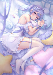 Rule 34 | 1girl, absurdres, armpits, blurry, blurry foreground, bokeh, breasts, candy, commentary request, crescent pillow, depth of field, dress, fetal position, food, from above, garter straps, heart, heart-shaped pillow, highres, indie virtual youtuber, lens flare, light particles, light rays, looking at viewer, lying, medium breasts, on bed, pillow, purple eyes, purple hair, shadow, shiny clothes, shiny skin, sleeveless, sleeveless dress, solo, stuffed toy, sunlight, thighhighs, twintails, virtual youtuber, white dress, white thighhighs, yume kawaii, yunico (vtuber), yuyuko (yuyucocco)