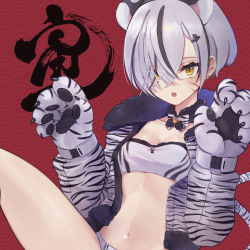 Rule 34 | 1girl, animal ears, black hair, breasts, earrings, facial mark, gloves, grey hair, highres, jacket, jewelry, looking at viewer, navel, open mouth, original, ranyu, short hair, solo, tail, tiger ears, tiger tail, yellow eyes