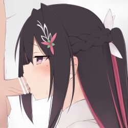 Rule 34 | 1boy, 1girl, absurdres, azki (hololive), choumei (qca012005), fellatio, hair ornament, highres, hololive, long hair, multicolored hair, oral, penis, simple background, sweat, virtual youtuber