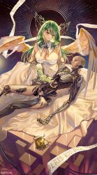 Rule 34 | 1girl, absurdres, antlers, apple, braid, branch, breasts, ceres fauna, cleavage, cyborg, dress, flower, food, fruit, golden apple, green hair, green nails, hair flower, hair ornament, highres, hololive, hololive english, horns, large breasts, long hair, nail polish, robot, rotting, santafe99, tears, torn skin, virtual youtuber, wings, yellow eyes