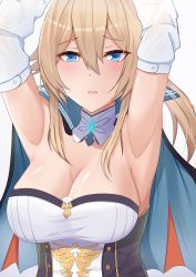 Rule 34 | 1girl, absurdres, armpits, arms up, bare shoulders, blonde hair, blue capelet, blue eyes, blush, breasts, capelet, cleavage, commentary, detached collar, detached sleeves, genshin impact, grey background, hair between eyes, highres, jean (genshin impact), kuroyamii, large breasts, long hair, long sleeves, looking at viewer, solo, strapless, tube top, upper body