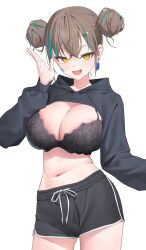 Rule 34 | 1girl, aya (lezon), black bra, black jacket, black shorts, bra, breasts, brown hair, cleavage, commentary request, double bun, earrings, green hair, hair bun, hair ornament, hairclip, highres, jacket, jewelry, large breasts, long sleeves, looking at viewer, mole, mole on stomach, multicolored hair, navel, open mouth, original, revision, short hair, shorts, shrug (clothing), simple background, solo, two-tone hair, underwear, white background, yellow eyes