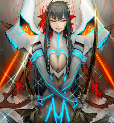 Rule 34 | 10s, 2girls, artist request, back-to-back, bad id, bad pixiv id, blue eyes, blue hair, boots, breast press, breasts, cleavage cutout, clothing cutout, dual wielding, evil smile, holding, junketsu, katana, kill la kill, kiryuuin satsuki, large breasts, living clothes, long hair, looking at viewer, matoi ryuuko, microskirt, midriff, multicolored hair, multiple girls, pleated skirt, revealing clothes, school uniform, scissor blade (kill la kill), senketsu, short hair, short sword, shrimp platter, skirt, smile, string, string of fate, suspenders, sword, tantou, thigh boots, thighhighs, two-tone hair, underboob, weapon