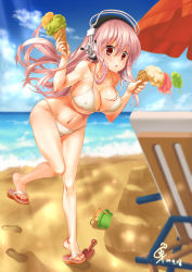 Rule 34 | 1girl, bad id, bad pixiv id, bikini, blush, breasts, cleavage, double scoop, female focus, flip-flops, food, headphones, ice cream, ice cream cone, large breasts, long hair, luzia, navel, nitroplus, open mouth, pink hair, red eyes, sandals, solo, super sonico, swimsuit, triple scoop