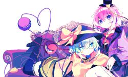 Rule 34 | 2girls, absurdres, alternate costume, black headwear, black thighhighs, blush, bow, bowtie, closed mouth, commentary, commission, couch, dot mouth, dress, green eyes, green hair, hair between eyes, hair ornament, hat, hat bow, heart, heart hair ornament, heart of string, highres, jacket, komeiji koishi, komeiji satori, long sleeves, lying, meto (metrin), multiple girls, on couch, on lap, on stomach, pink eyes, pink hair, purple jacket, purple skirt, red bow, red bowtie, siblings, simple background, sisters, sitting, skeb commission, skirt, smile, thighhighs, third eye, top hat, touhou, white background, yellow bow, yellow bowtie, yellow jacket, yellow skirt
