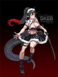 Rule 34 | 1girl, abs, armband, belt, belt pouch, black footwear, black hair, black horns, black legwear, black skirt, black tail, closed mouth, commission, dragon girl, dragon horns, dragon tail, frilled skirt, frills, gradient background, gun, hair between eyes, holding, holding sword, holding weapon, holster, holstered, horns, katana, long hair, maid headdress, multicolored hair, navel, o-ring, ohayosayonara, original, pointy ears, pouch, red hair, scales, skeb commission, skindentation, skirt, slit pupils, smile, solo, sword, tail, thank you, thigh strap, toned, twitter username, weapon, yellow eyes