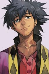 Rule 34 | 1boy, black hair, blue eyes, closed mouth, grey background, hair between eyes, head tilt, hungry clicker, jacket, looking at viewer, male focus, ponytail, raven (tales), red shirt, shirt, simple background, smile, solo, tales of (series), tales of vesperia, upper body